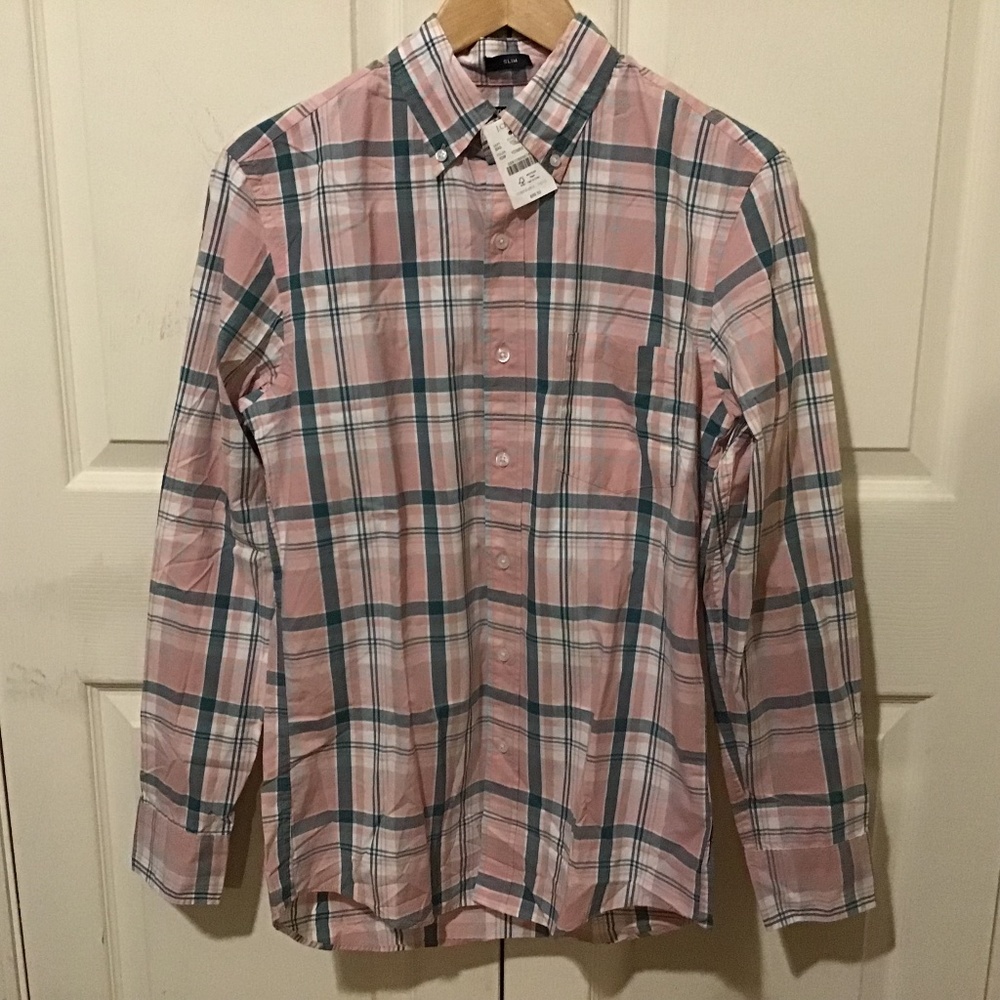 NWT J. Crew Men's plaid flannel shirt Slim Fit Button Down Pink multi Size S